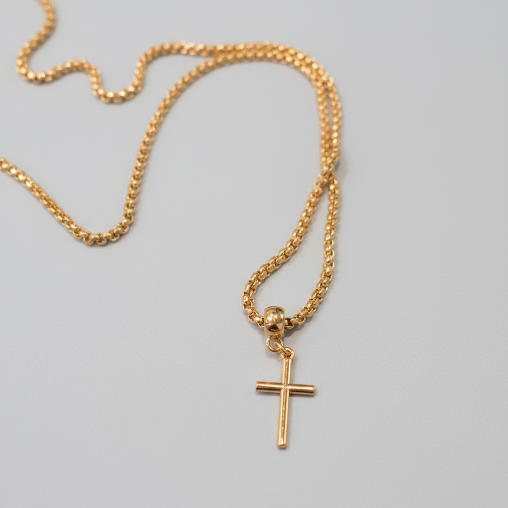 Rose gold necklace with a cross pendant on a white background