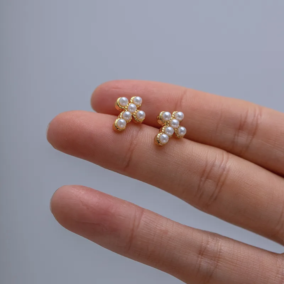 Stainless Pearl Adorned Cross Earring 18K Plated