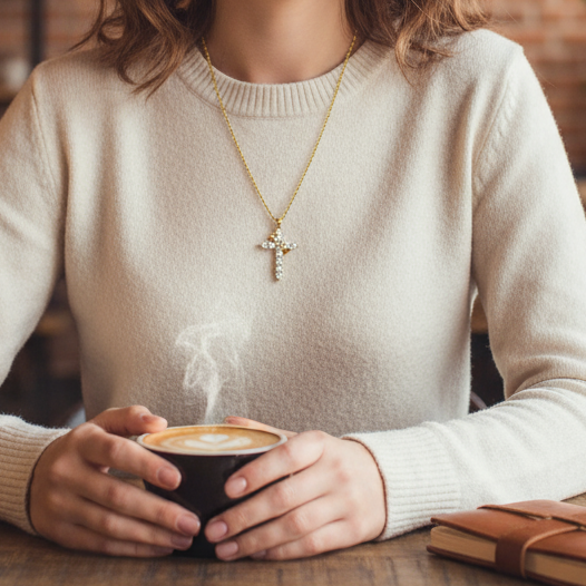 Gold necklace with a cross on it