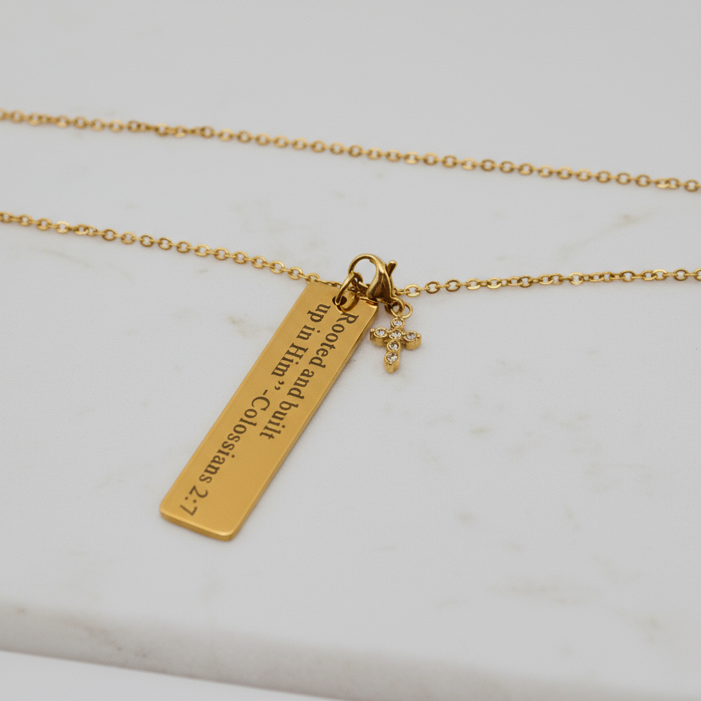 18K Gold Bar Necklace w/cross charm