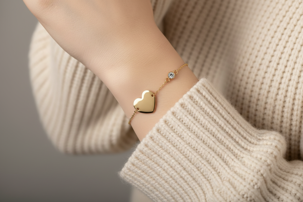 Gold bracelet with a heart-shaped charm on a wrist against a neutral background