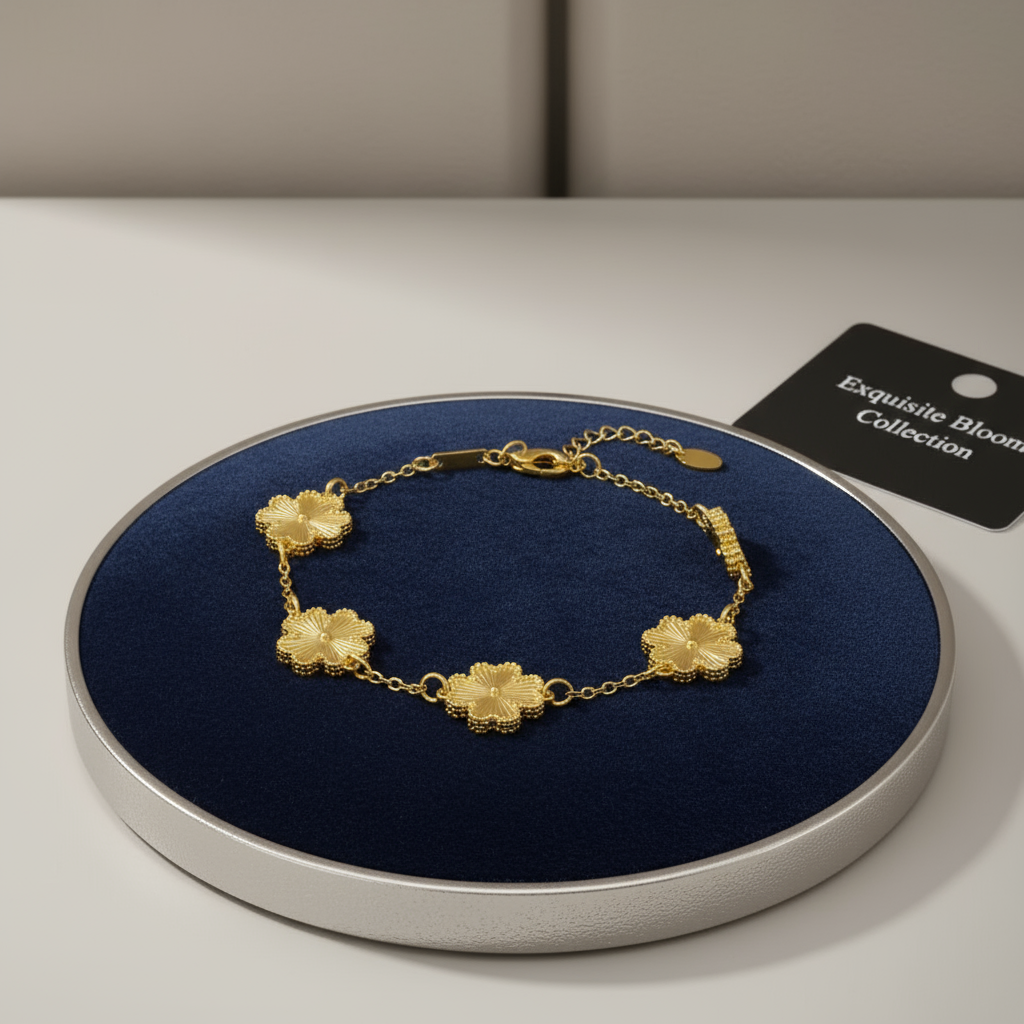 Gold bracelet with floral designs on a textured beige background