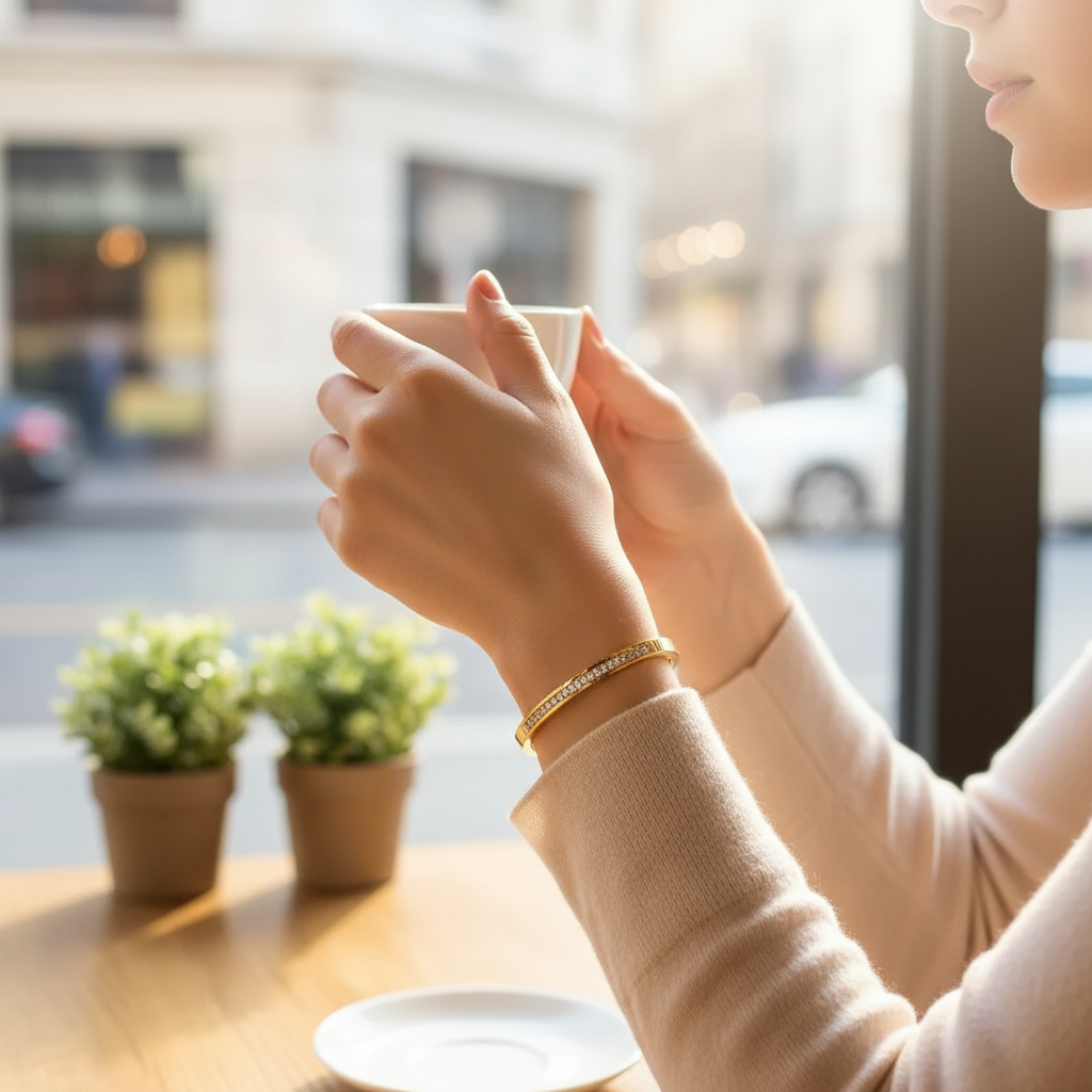 Gold bracelet with embedded stones on a wooden stand against a light background