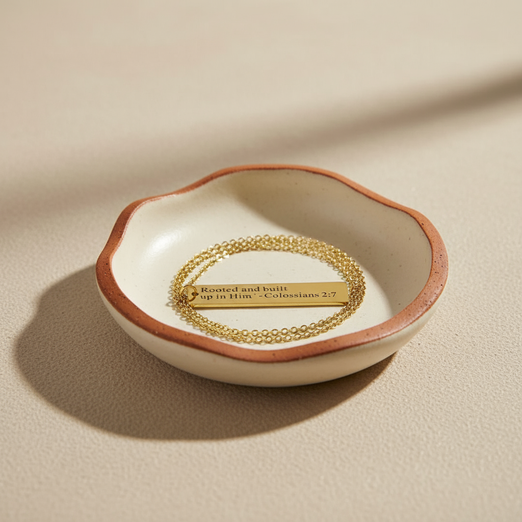 Gold necklace with a bar pendant on a white background