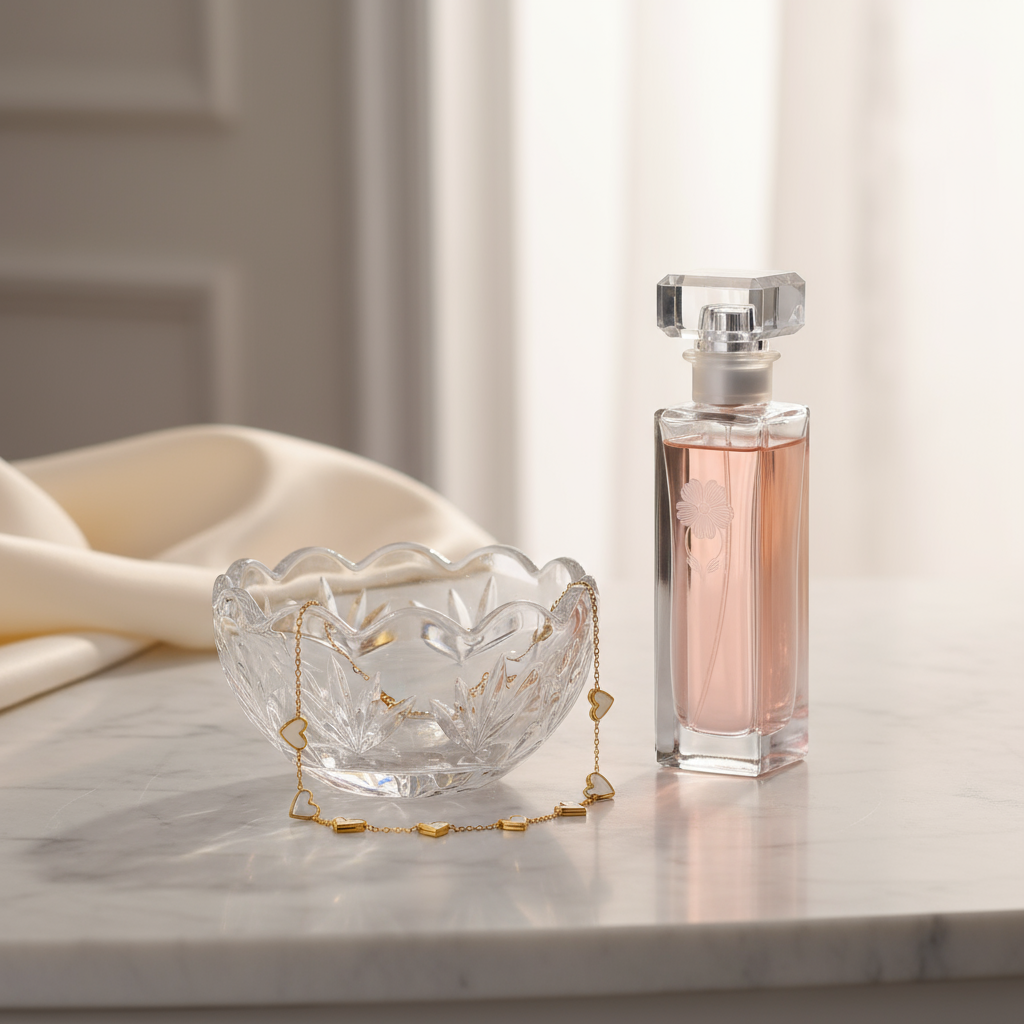 Gold bracelet with heart-shaped charms on a white background