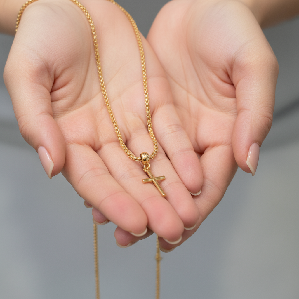 Rose gold necklace with a cross pendant on a white background