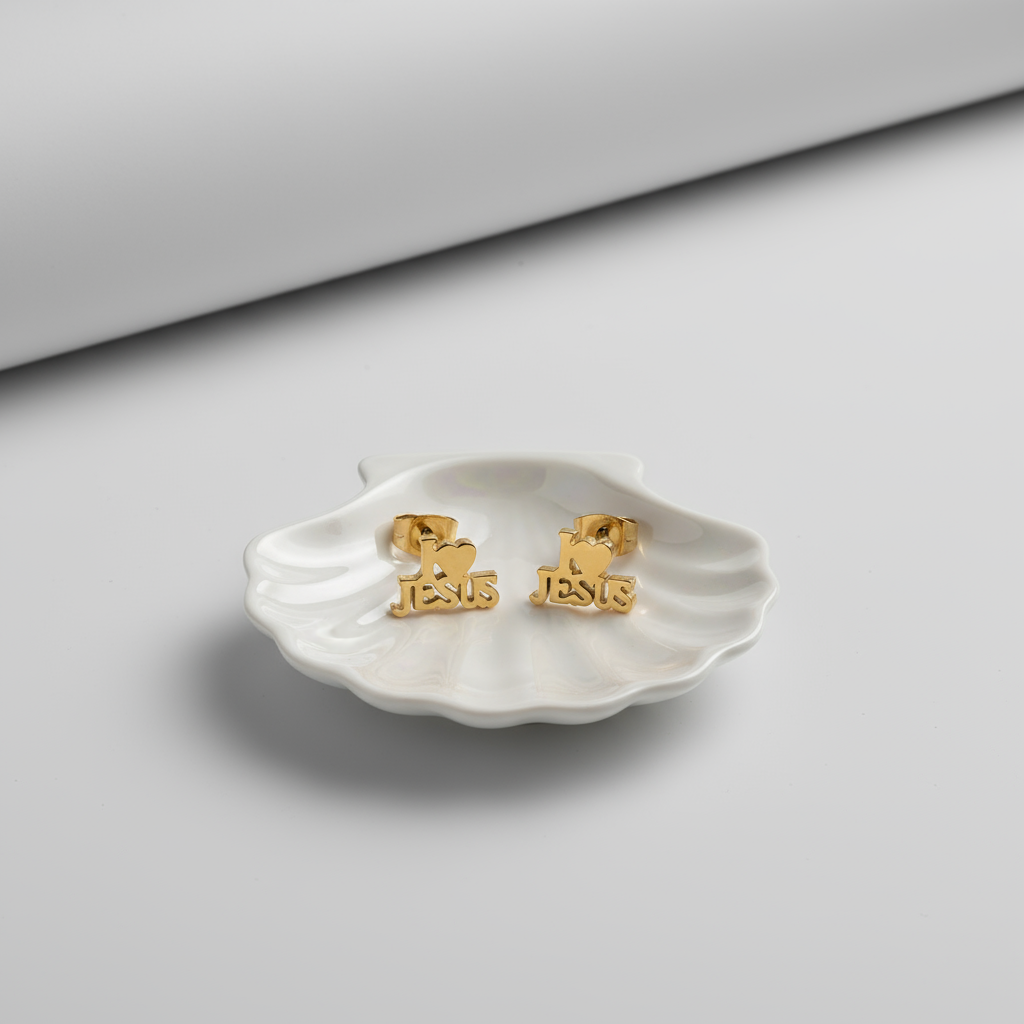 Gold earrings with 'I love jesus design on a white background