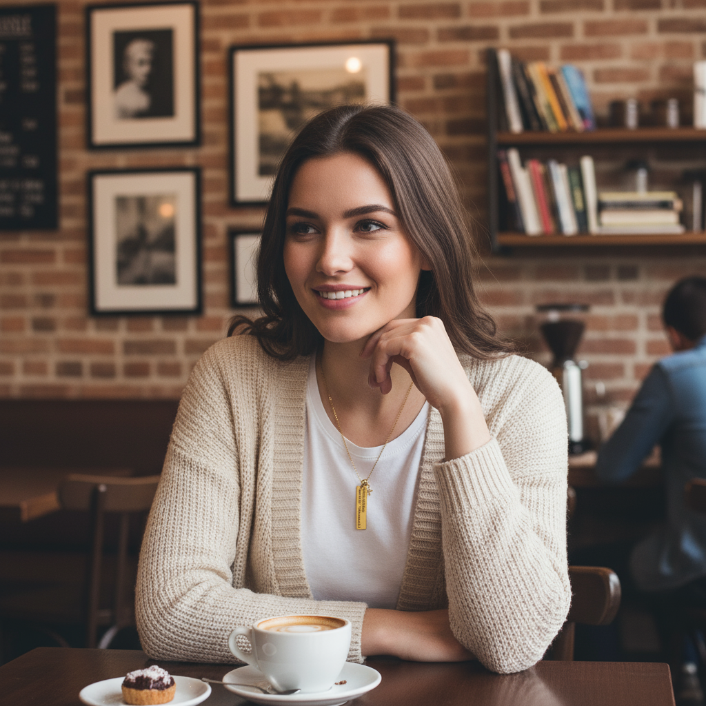 Gold necklace with an engraved pendant on a white background