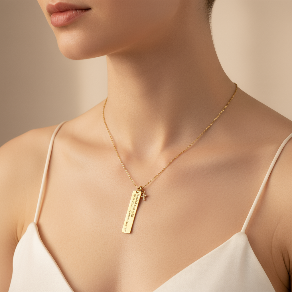 18K Gold Bar Necklace w/cross charm