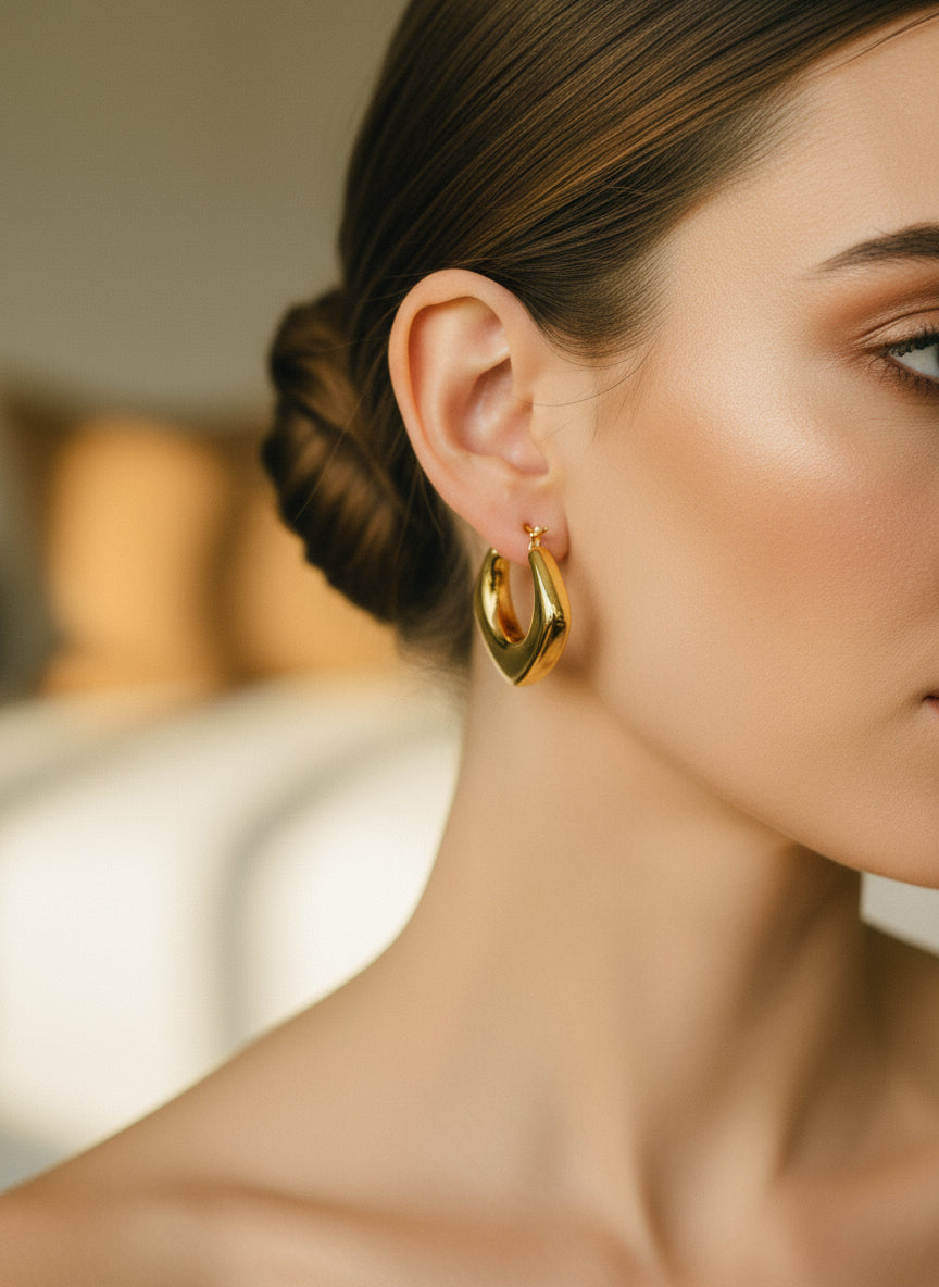 Gold hoop earrings on a decorative stand with a blurred background