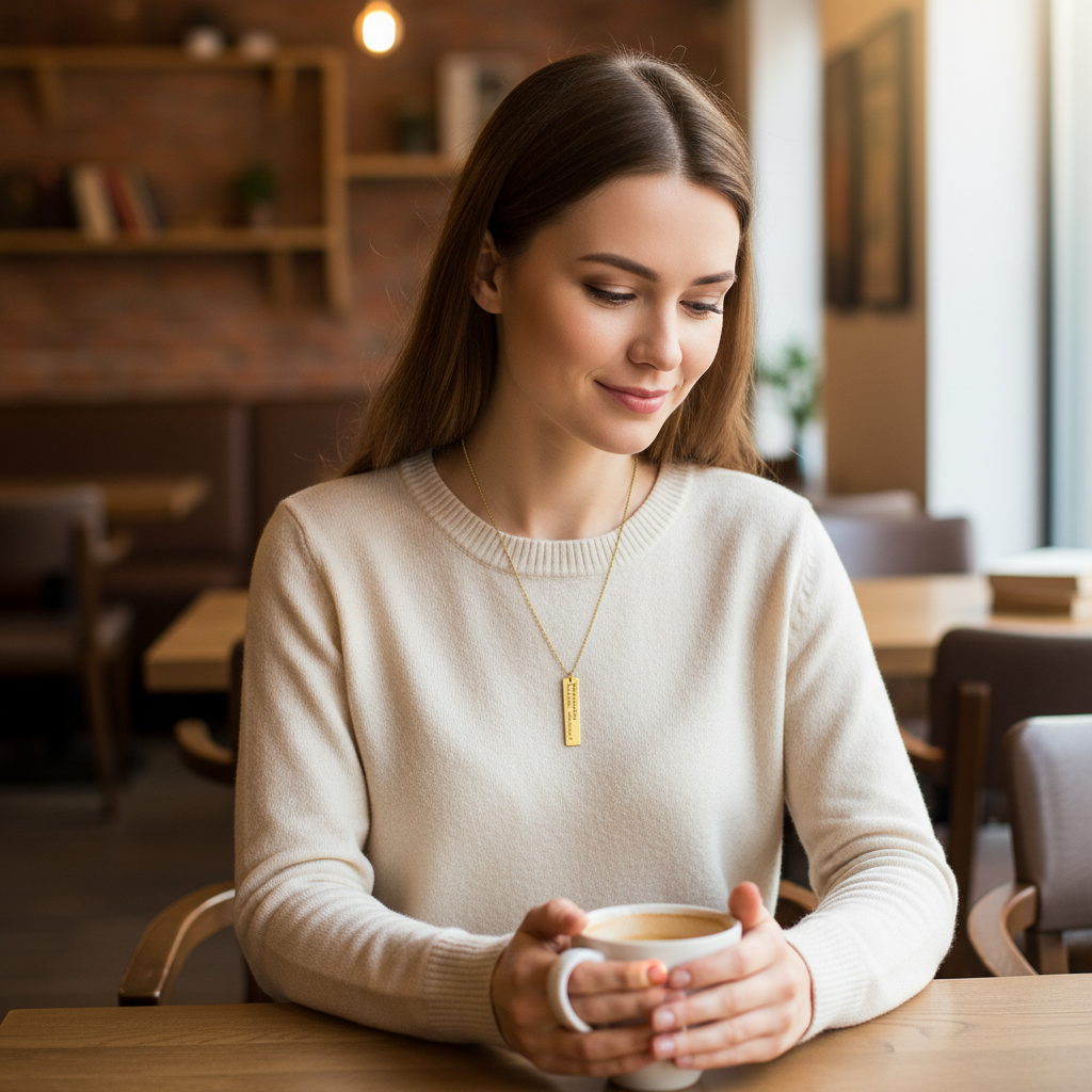 Gold necklace with a bar pendant on a white background