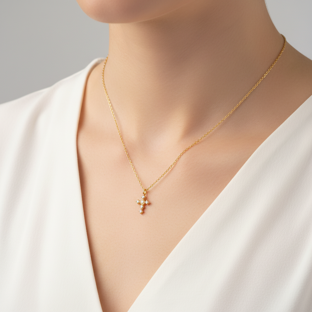 Gold necklace with a small cross pendant on a white background